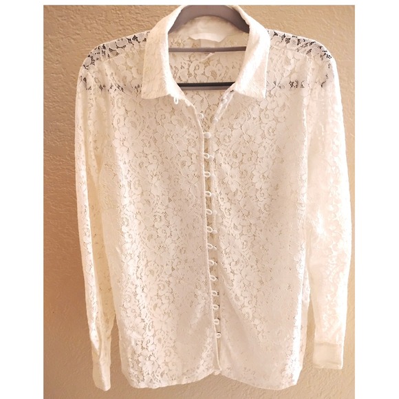 Tops - H&M Sheer Floral Lace Button Down Shirt romantic boho long-sleeve preppy clean